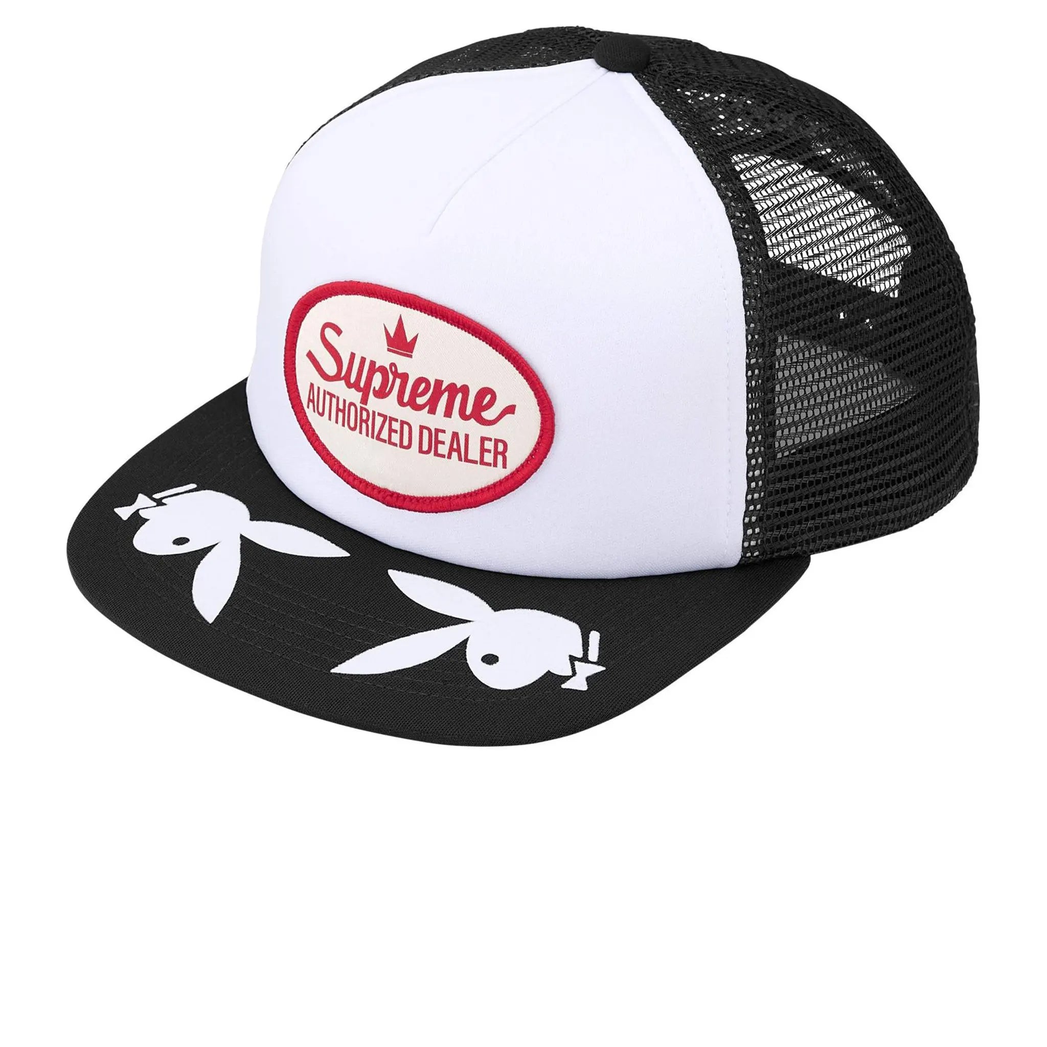 Front View of Supreme x Playboy Mesh Back 5 Panel Black White (SS26)